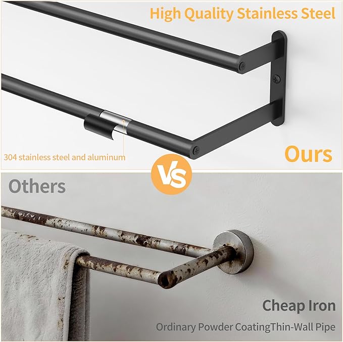 Double Towel Bar, 24Inch Towel Rack for Bathroom Wall Mounted, Stainless Steel Double Bath Towel Bar, Wall Towel Holder for Bathroom, Double Towel Rod Towel Hanger for Wall (Black)