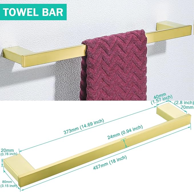 Brushed Gold Bathroom Hardware Accessories Set 4 Pieces Bath Towel Bar Set with 18 Inch Towel Bar,Toilet Paper Holder,Towel Hooks,SUS 304 Stainless Steel Wall Mounted Bathroom Towel Rack Set