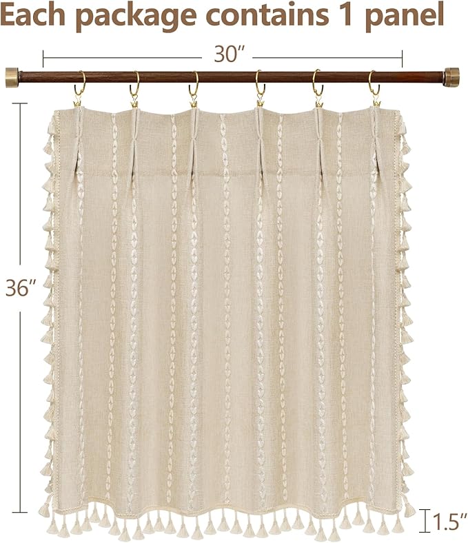 Beige Boho Farmhouse Window Curtain with Tassels, 30 x 36 Inch Light Filtering Sheer Short Cafe Window Curtain Tier, Linen Textured Pleated Small Window Drape for Kitchen or Bathroom, 1 Panel