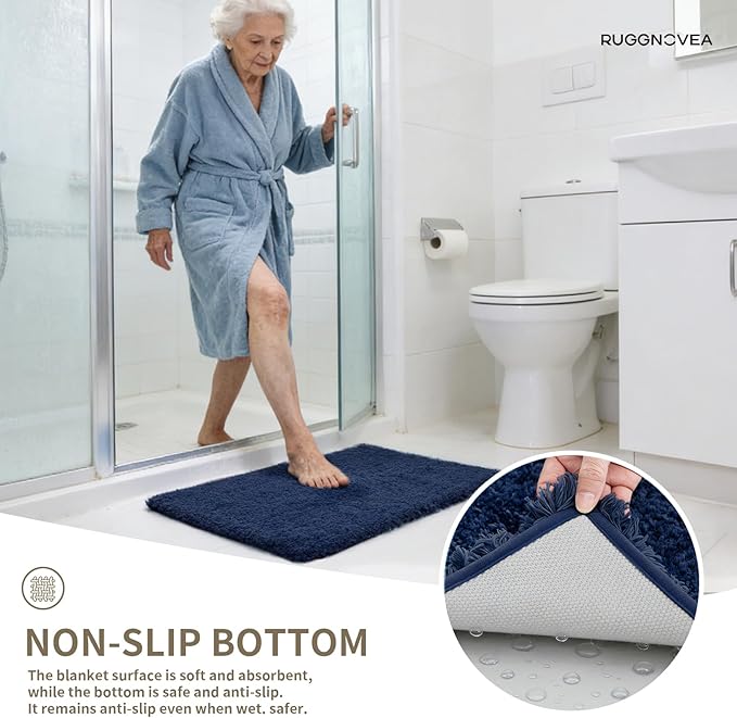 Bathroom Rugs Non Slip Washable 59x24, Ultra Thick Soft Microfiber Absorbent Bath Mats, High Density Foam Latex Non Slip Backing Bath Rugs, Fluffy Floor Carpet for Tub&Shower, Navy