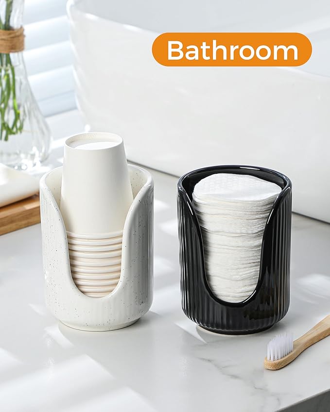 ABRUTY Bathroom Cup Dispenser, 3oz-4oz Ceramic Paper Cup Holder, Small Countertop Mouthwash Dixie Cups Accessories, for Vanity Countertops, Bathroom, Kitchen, and Dining Room, Sand