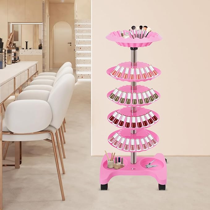 5 Tiers Nail Polish Trolley Display Organizer, 360 Rotating Nail Polish Rack Holder with Wheels, Up to 120 Nail Polish, Rotating Essential Oil Display Stand for Home Spa Business Salon, Pink