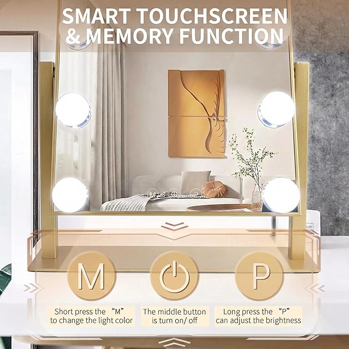 Makeup Vanity Mirror with Lights LED Makeup Mirror Detachable 10X Magnification, Hollywood Make Up Mirror with Lighting, Smart Touch, Rechargeable,360° Rotation, Gold 13.77"x 11.81"