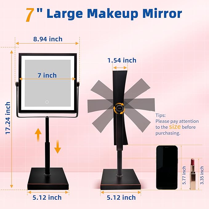 Ruacq Makeup Mirror with Lights, 4000mAh Rechargeable Magnifying Mirror with Light, 1X/10X, Height Adjustable Bathroom Vanity Mirror, 3 Colors, Adjustable Brightness (Oil Rubbed Bronze)
