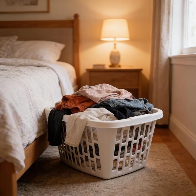 4 Pack 1.5 Bushel Rectangular Plastic Laundry Hamper - Ventilated Sides & Stackable Design with Comfort Grip Handles, Reinforced Rim for Laundry Room, Dorm, Apartment & Bathroom, White