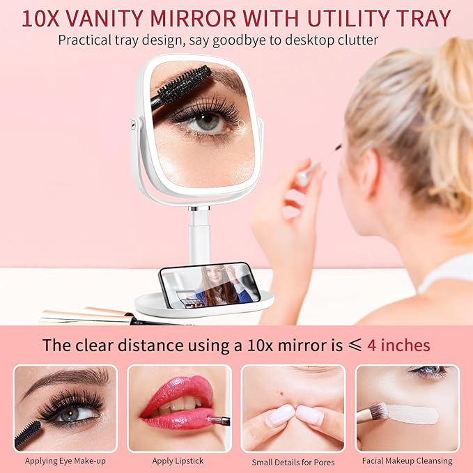 Lighted Makeup Mirror with Lights and Magnification,1x/10x Magnifying Mirror with Light Rechargeable,Height Adjustable Vanity Mirror with 3 Color Lights Double Sided 360° Rotation,Gifts for Women