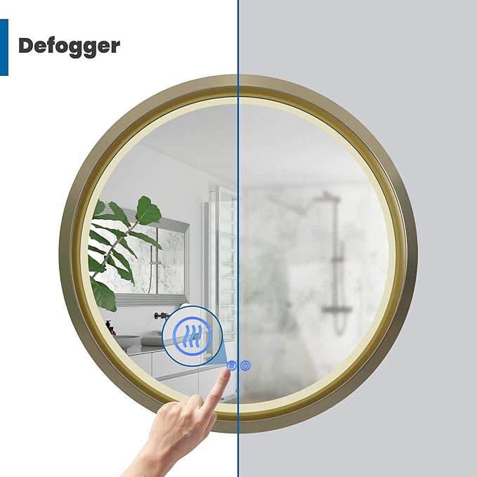 24 Inch Round LED Mirror for Bathroom, Gold Metal Frame Lighted Vanity Mirror with 3 Color Modes, Touch Dimmer - Anti-Fog Wall Mounted Circle Mirror with Lights - Fab Glass and Mirror