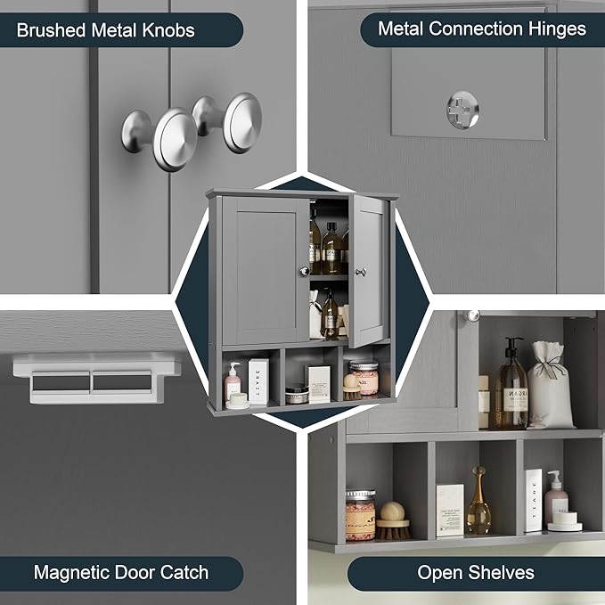 DL-win Bathroom Wall Cabinet, Bathroom Cabinet Wall Mount Organizer Shelf for Toiletries, Towels & Essentials – Waterproof MDF, Space-Saving Bathroom Storage, Grey