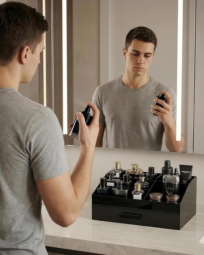 ProCase Cologne Organizer with Drawer, Acrylic Perfume Holder & Bathroom Countertop Organizer for Men & Women, Dresser Vanity Storage for Cologne, Perfume and Skincare -1 Layer
