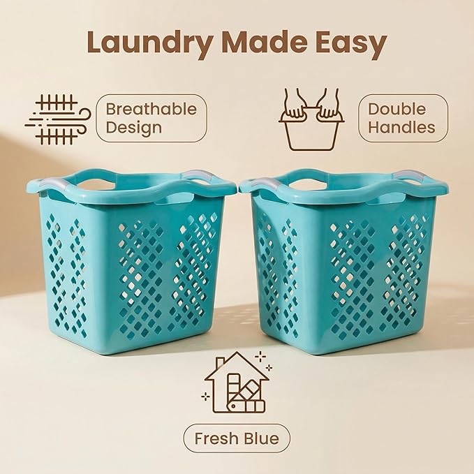 (2-Pack) 2 Bushel Plastic Laundry Baskets with Handles, Featuring Ventilation Design. Suitable for Laundry and Storage. Applicable to Bedrooms, Bathrooms, Dormitories. Convenient to carry. (‎Blue)