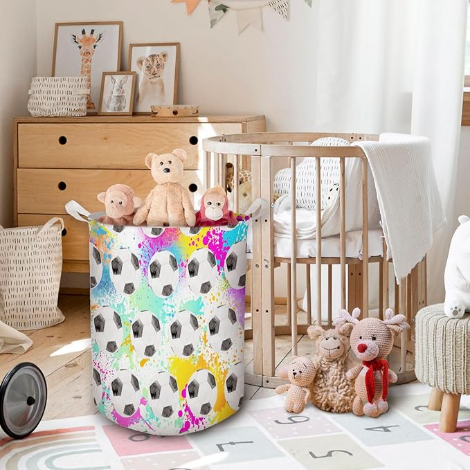 Colorful Football Laundry Basket, Toybox for Boys Room, Kids Laundry Basket Hamper Waterproof Collapsible Clothes Toys Storage Bin Organizer for Bedroom Bathroom Boys Room Dorm