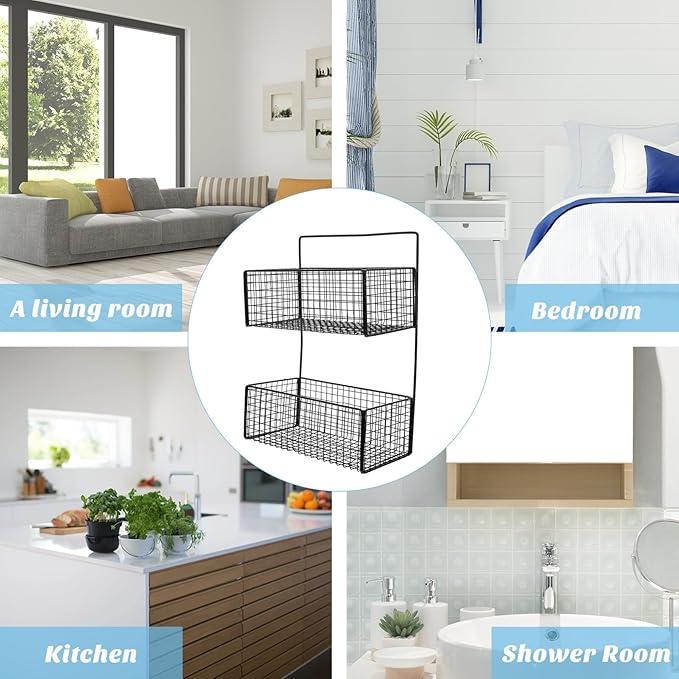 Double Shelf Bathroom Wall-Mounted Storage Rack Iron Draining Basket for Toilet Kitchen Strong Load Capacity Smooth Polished Surface Space-Saving Organizer in Black