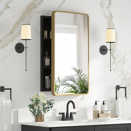 Bathroom Medicine Cabinet with Mirror 16 x 24 Inch, Brush Gold Medicine Cabinet Recessed or Surface Wall-Mounted, Mirrored Cabinets with 2 Adjustable Shelves for Bathroom Vanity