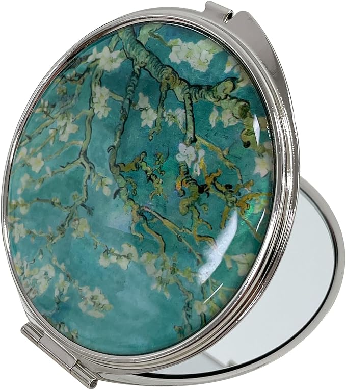 Portable Makeup Compact Double Magnifying Mirror Cosmestic Foldable Pocket Style Unique Mother of Pearl Design (Almond Blossom)