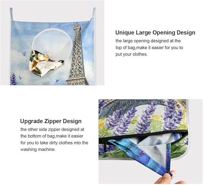 Hanging Laundry Hamper with Stainless Steel Hooks,Oxford Fabric Printing Door Laundry Clothes Bag, 29.5X20inch 1PCS Lavender Eiffel Tower Watercolour Blue