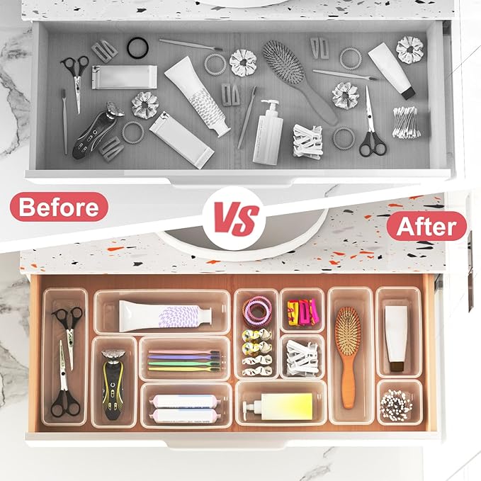 24 PCS Plastic Drawer Organizer Set, Sturdy 3-Size Makeup Vanity Desk Drawer Organizer Trays and Storage Bins for Cosmetics, Junk and Gadgets ?€? Ideal for Bathroom, Bedroom, Office and Kitchen