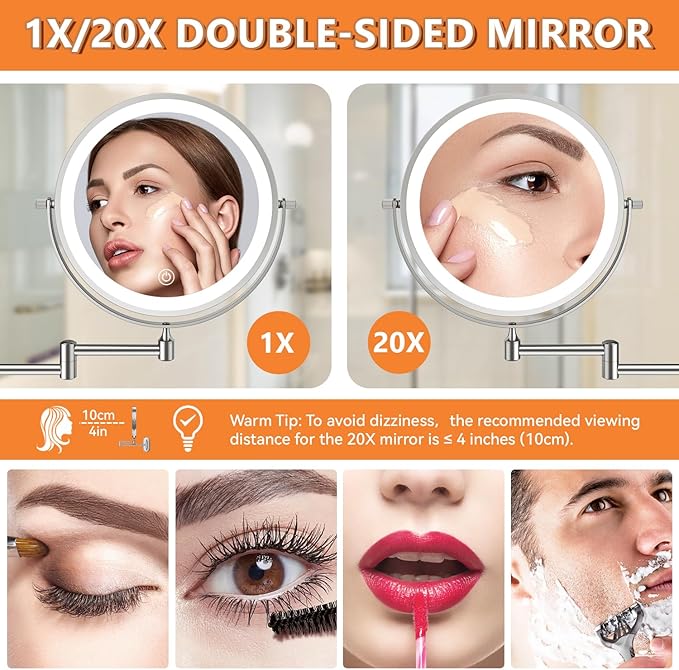 Auxmir 8'' Wall Mounted Lighted Makeup Mirror, 3200mAh Rechargeable Double-Sided 1X/20X Magnifying Mirror with Light, Touch Dimmable 3 Color Light, 360° Rotation Foldable Extended Arm, Chrome