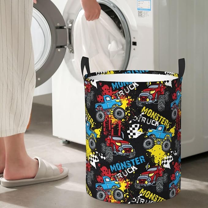 Laundry Basket Monster Truck Room Decor,Round Laundry Hamper Waterproof Dirty Clothes Hamper Collapsible Laundry Baskets With Handles,Toy/Clothes Storage Basket For Home Dorm Bathroom Decor