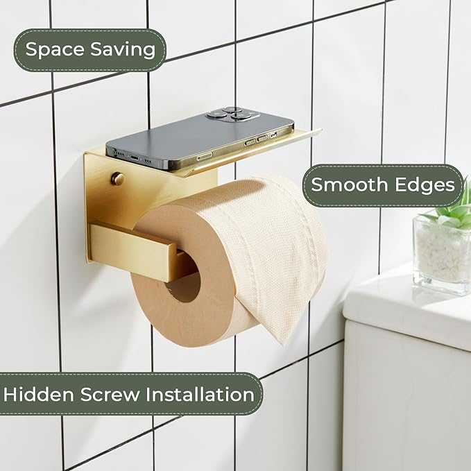 KOKOSIRI Toilet Paper Holder with Shelf Toilet Roll Holder for Bathroom Restroom T-304 Stainless Steel Wall Mounted, Gold Finish, B2010BG