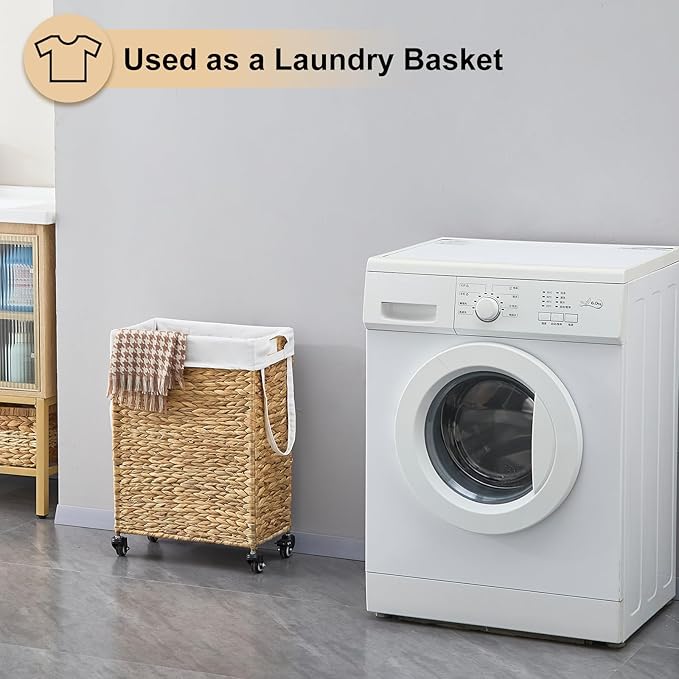 Rolling Laundry Hamper with Wheels, Slim Laundry Basket with Removable Liner Bag & 2 Mesh Bags, Handwoven Water Hyacinth Clothes Hamper for Bedroom Bathroom (Natural, 50L)