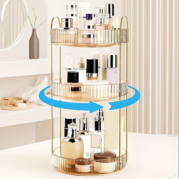 Cididu 360 Rotating Makeup Organizer, 3 Tiers Plastic Bathroom Spinning Holder Rack, Round Lazy Susan Organizer, Large Capacity Countertop Shelf for Cosmetics, Perfume, Skincare, Spice, Toiletries
