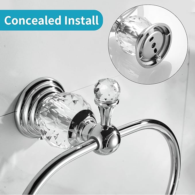 WOLIBEER Chrome Towel Ring,Crystal Hand Towel Holder,Bath Oval Hand Towel Rack Hanger Wall Mounted Bling Bathroom Accessories