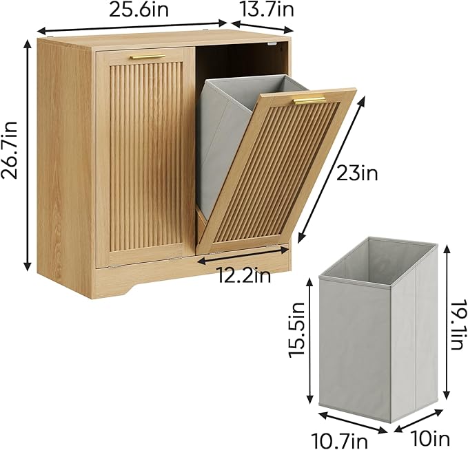 Smuxee Double Tilt Out Laundry Hamper Cabinet, Hidden Laundry Cabinet with Double Baskets, Natural Trash Can with Small Fluted Doors for Bathroom, Kitchen
