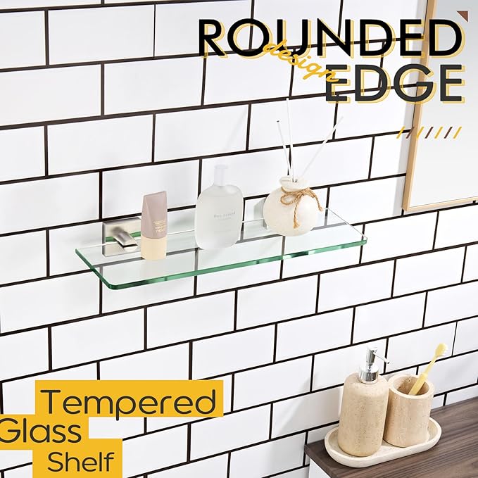 KOKOSIRI Glass Shelf for Bathrooms Wall Mount Floating Shelves 16-Inch for Shower Storage Kitchen Hanging Rack, Brushed Stainless Steel B1107BR-L16