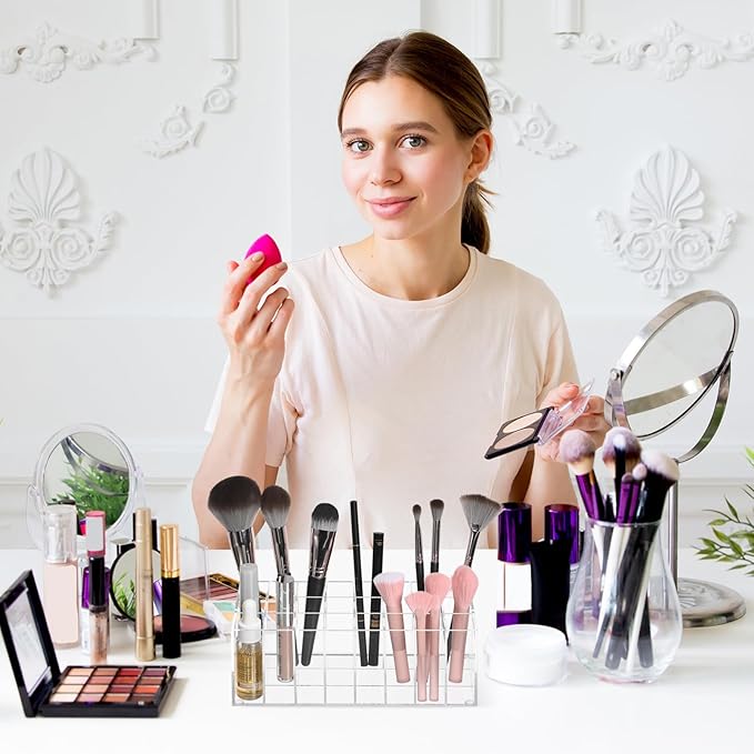 DOITOOL 24-Grid Acrylic Lipstick Holder and Makeup Organizer Display Rack 8.3X3.5X3 in Clear Cosmetics Storage Stand for Lipsticks and Makeup Tools