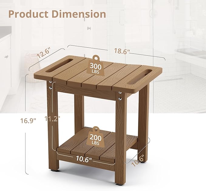 LUE BONA HDPS Shower Bench Seat with Shelf, Brown Shower Stool for Inside Shower Waterproof, Bath Shower Stool Chair for Spa Bathroom, Weather Resistant/Non-Slip/Handles/Indoor or Outdoor Us