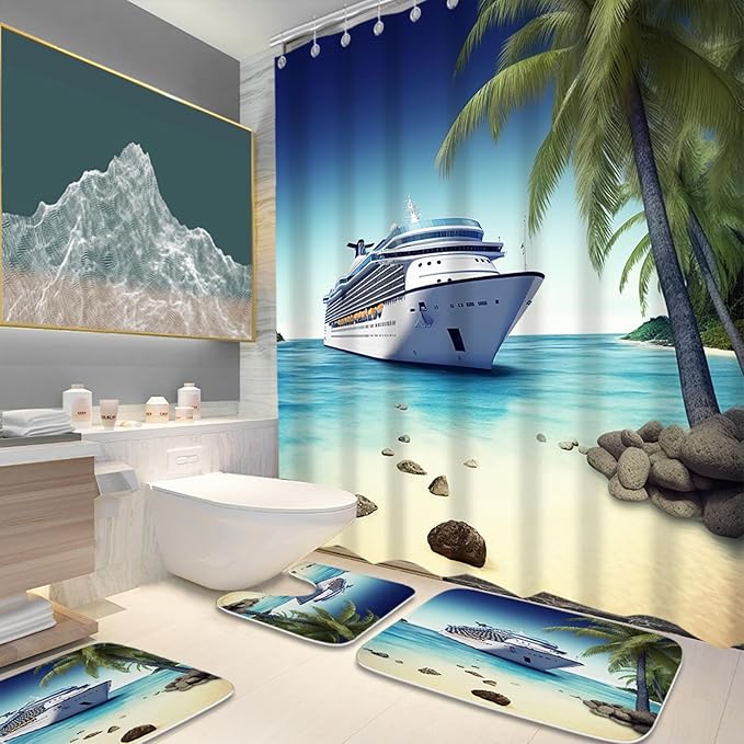 Beach Ocean Coastal Bathroom Sets with Modern Palm Tree Shower Curtain and 20 x 31 Rugs Bathroom Accessories Sets Decor with Bath Rug, Bath Mat, U-Shaped Contour and Hooks 72 x 72 Inch