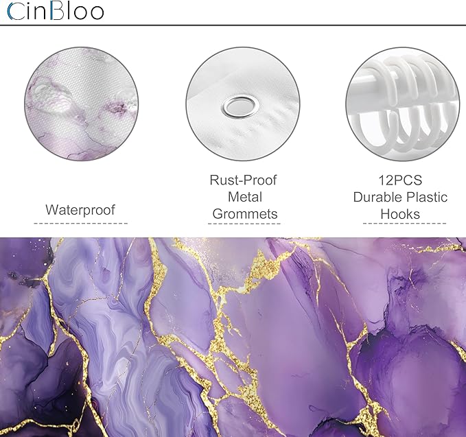 Cinbloo 4Pcs Purple Marble Shower Curtain Set, Abstract Lilac Gold Cracked Lines Modern Minimalist Bathroom Curtain with Rug, Toilet Lid Cover, Bath Mat, Luxury Aesthetic Shower Curtain with 12 Hooks