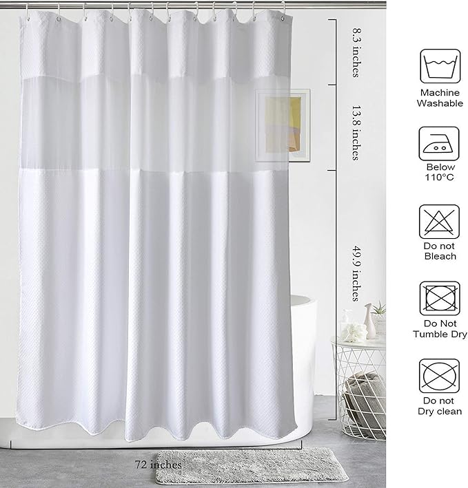 UFRIDAY Waffle Weave Fabric Shower Curtain with Mesh Window, Heavy Duty Decorative Bathroom Curtain with White Pique Pattern, Spa-Like Hotel Luxury, Water-Repellent,72 x 72 Inches
