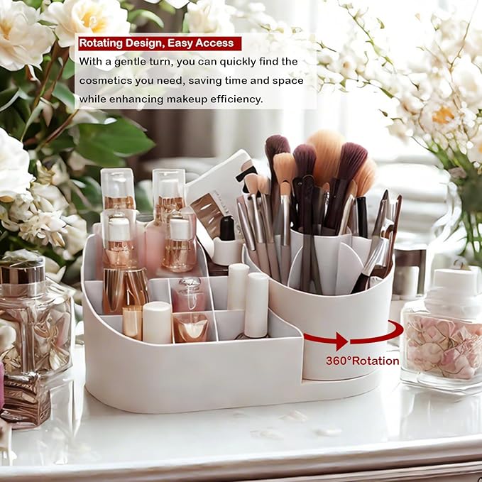 Makeup Organizer Countertop with Rotating Brush Holder for Vanity, Bathroom, Dresser Cosmetic Makeup Storage Organizer Multifunctional?€?