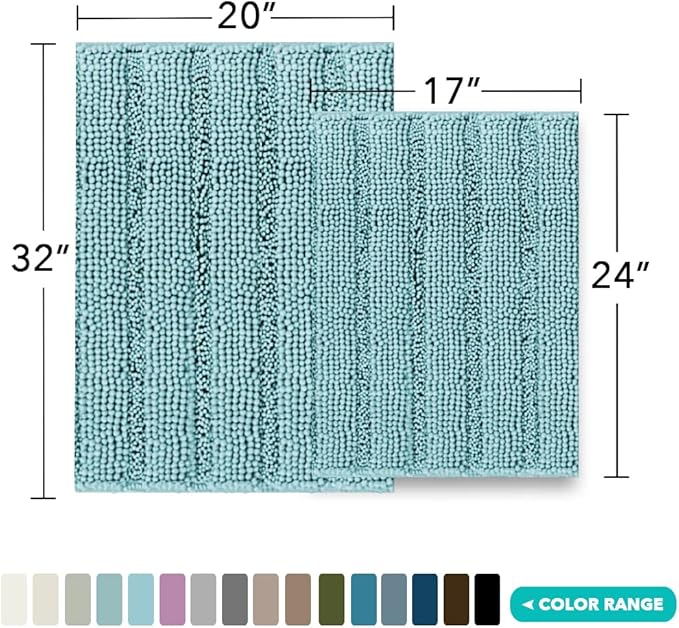 Turquoize Chenille Bathroom Rugs Set - Non-Slip Bath Mats for Bathroom & Kitchen/Entryway (20" x 32" and 17" x 24"), Aqua Haze