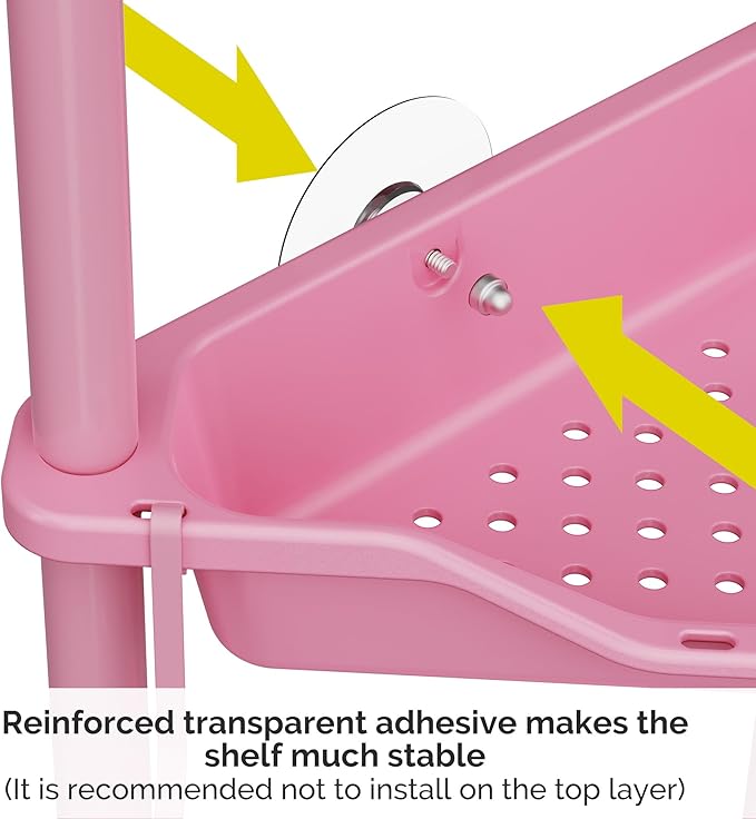 Orimade Rustproof 4 Tier Floor Standing Corner Shower Caddy Organizer, Plastic Metal Splicing Floor Corner Shelf Rack Storage Stands for Bathroom,10.8 x 10.8 x 44.6 inches, Pink