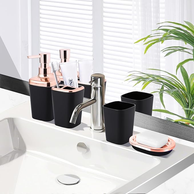 XLHOMO Black Bathroom Accessories, 9-Piece Black Bathroom Set with Trash Can, Vanity Tray, Soap Dispenser, Soap Dish, Toothbrush Holder, Toothbrush Cup, Toilet Brush and Qtip Holders