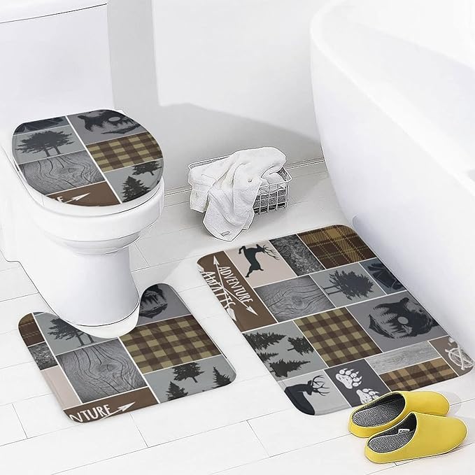 Rustic Plaid Bear Cabin Shower Curtain Sets with Rugs 4 Piece Accessories Bathroom Curtains Shower Set Include Shower Curtain Non-Slip Rug Toilet Lid Cover Bath Mat One Size