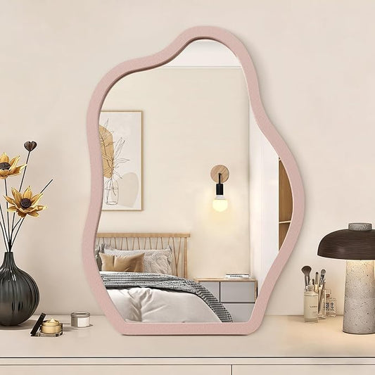 Irregular Table Mirror Wood Frame Portable Free Standing Ornate High Definition Countertop Mirrors for Tabletop Countertop 14" L x 10" W Bedroom Bathroom Living Room