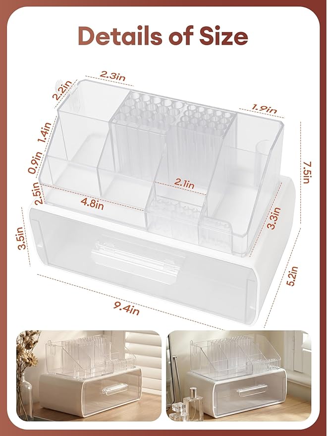 LIARTY Nail Drill Holder with Drawer: Acrylic Nail Drill Bits Holder Makeup Organizer Case for Brush - Beauty Cosmetic Storage Box for Dresser Countertop and Bathroom Vanity