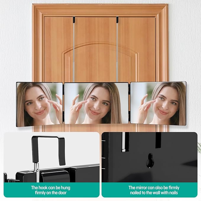 3 Way Mirror for Self Hair Cutting，Tri-Fold Makeup Mirror，360°View with Height AdjustableHooks Anti-Fog HD Glass forShaving, Braiding, DyeHair, Travel Friendly Grooming Tool,Good Choice for Gifts