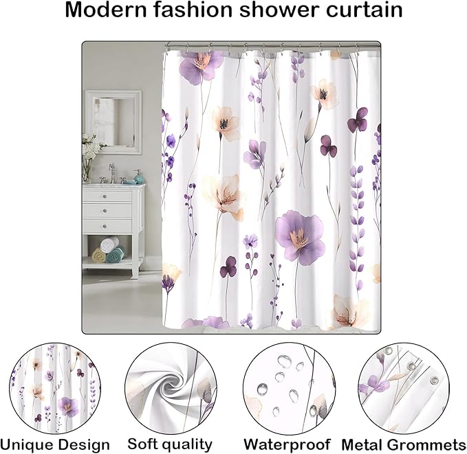 Purple Beige Floral Shower Curtain, Watercolor Flower Shower Curtains for Bathroom, Modern Minimalist Waterproof Fabric Bath Decoration 72x72 Inch