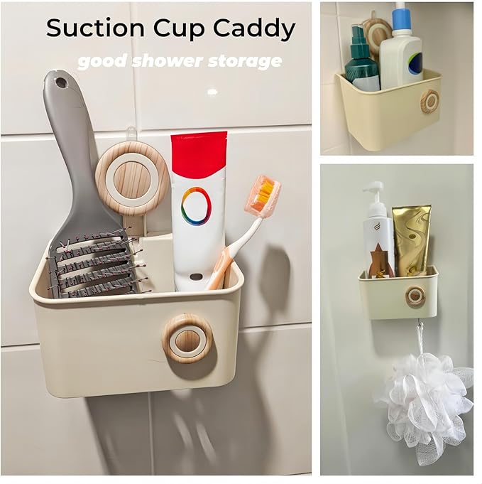 Suction Cup Shower Caddy, Plastic Shower Shelf with Drainage Bin, Vacuum-Lock Shower Organizer for Bathroom, Kitchen, RV, Hotel Storage (Original wood color-S)