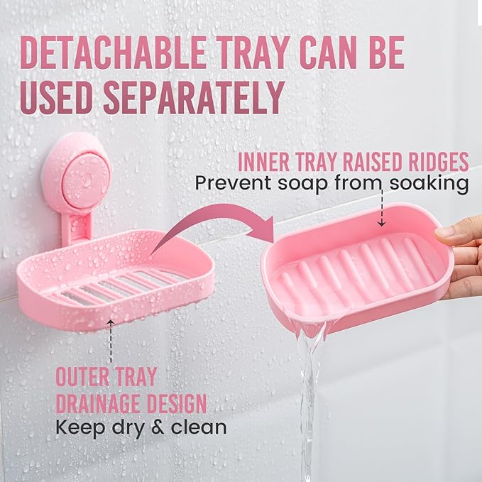 TAILI Soap Holder Soap Dish for Shower, Suction Cup Soap Holder for Shower Wall, Bathroom Accessories, Removable Strong Hold Soap Saver, Drill Free Double Soap Dish, Pink 2 Set