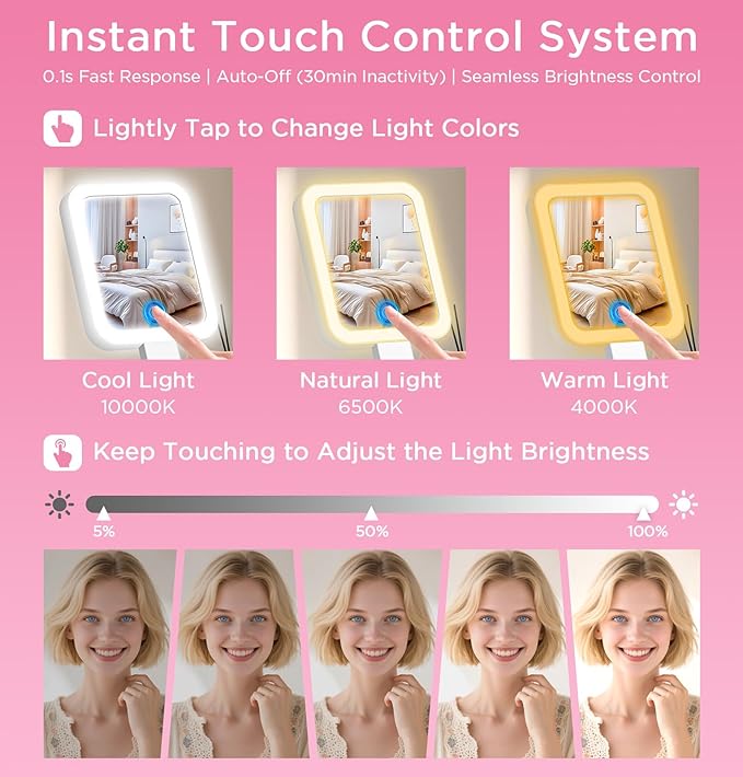 Travel Mirror with Lights, Magnifying Makeup Mirror 10X/1X Double Sided with 3 Color Lighting & Dimmable Touch Screen, Compact Handheld Cosmetic Vanity Mirror for Desktop Travel/Bathroom, Women Gifts