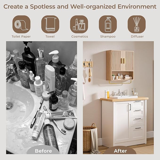 Memobarco Bathroom Cabinet Wall Mount with Fluted Door Panel & Adjustable Shelf, Medicine Cabinet with Open Partition and Towel Bar, Wall Storage Cabinet for Laundry Room & Kitchen (Natural Oak)