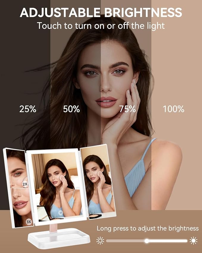 Trifold Vanity Mirror with Lights, 1X/2X/3X Magnification Makeup Mirror, 9" L x 14" W Large Desk Mirror, Ideal for Mom, Wife, Women & Teens