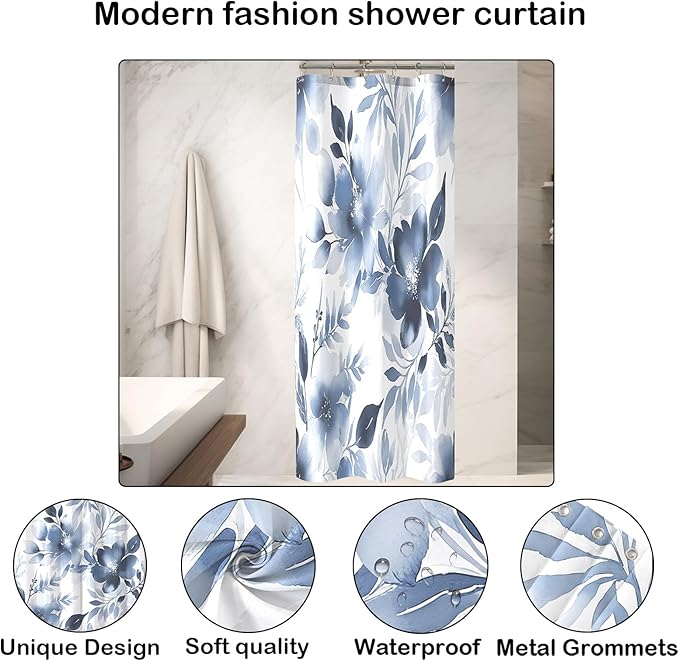 Floral Shower Curtain, Blue Watercolor Flower Shower Curtains for Bathroom, Modern Minimalist Waterproof Fabric Bath Decoration 36x72 Inch