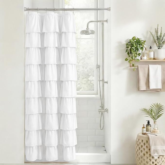 Seasonwood Small White Ruffle Shower Curtain Farmhouse Vintage Handcrafted Rustic Decorative Fabric Shower Curtains for Bathroom, 36" x 72"