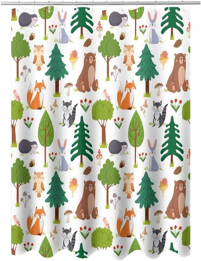 Kids Baby Woodland Shower Curtain Animals Cartoon Girls Children's Cute Cartoon Funny Colorful Weeds Plants Fox Waterproof Fabric Bathroom Decor 72x78 Inches(183x200cm), Style-12